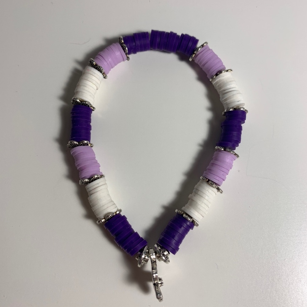 Handmade purple & white clay beads w silver accents & flower charm bracelet